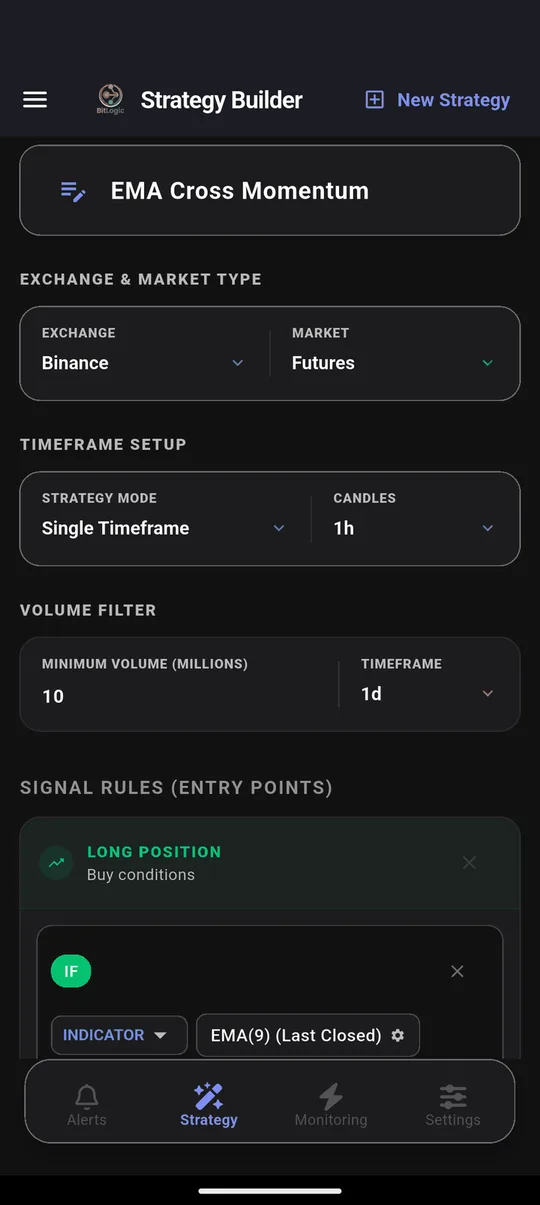 BitLogic Strategy Builder with Binance Futures selected and a 10 million minimum daily volume filter