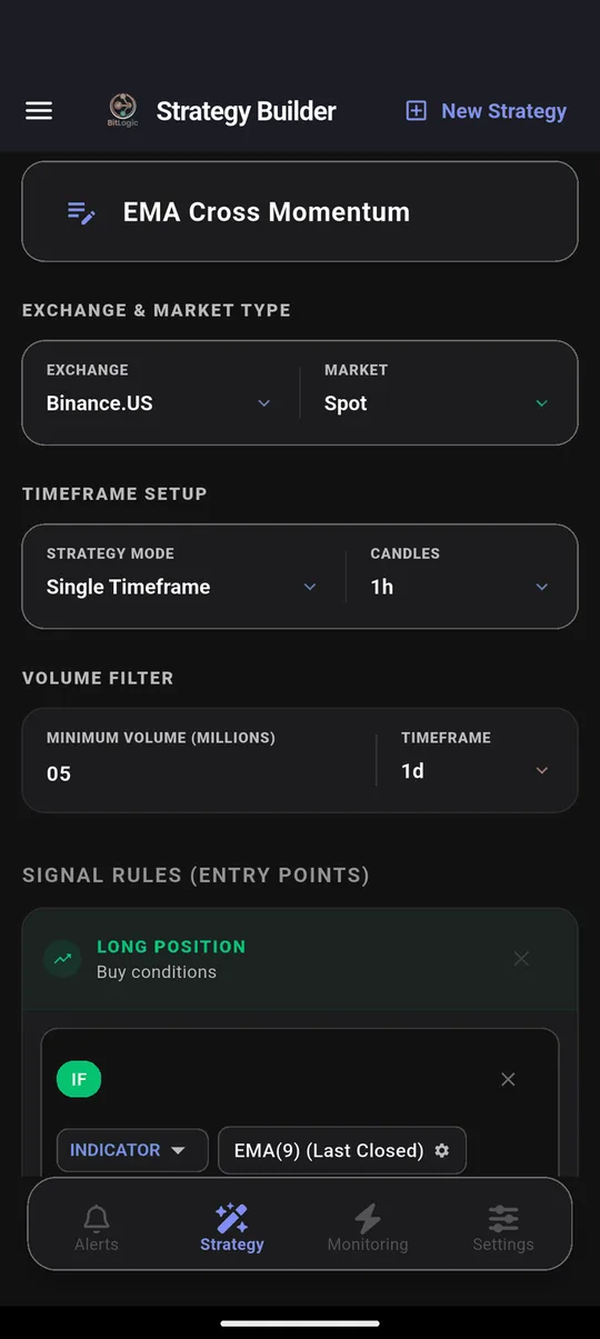 BitLogic Strategy Builder with Binance.US selected, Spot market, 1-hour candles and a 5 million minimum daily volume filter