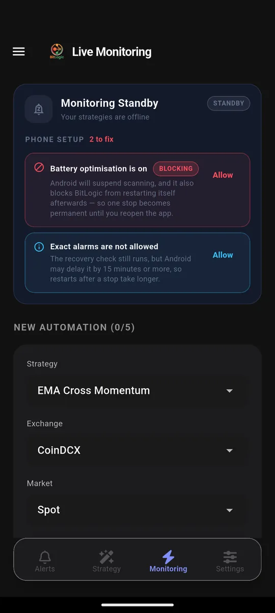 BitLogic live monitoring running a strategy on CoinDCX