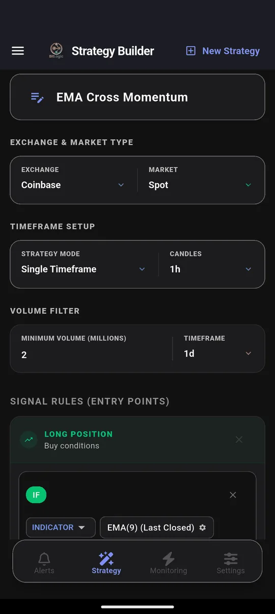 BitLogic Strategy Builder with Coinbase Spot selected, EMA Cross Momentum loaded, and a 2 million minimum daily volume filter