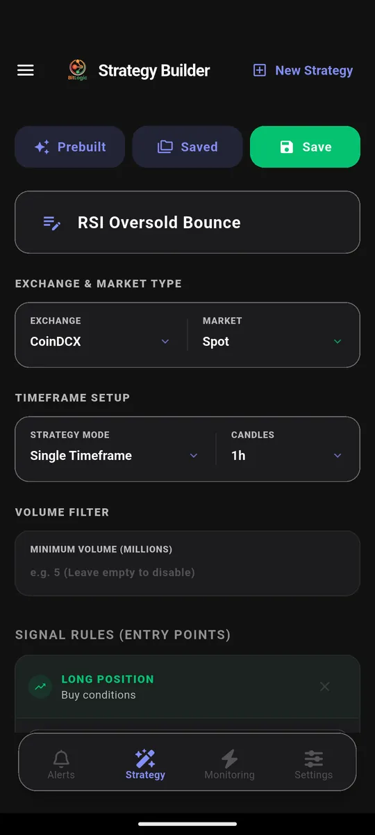 BitLogic Strategy Builder with CoinDCX selected as the exchange and Spot as the market