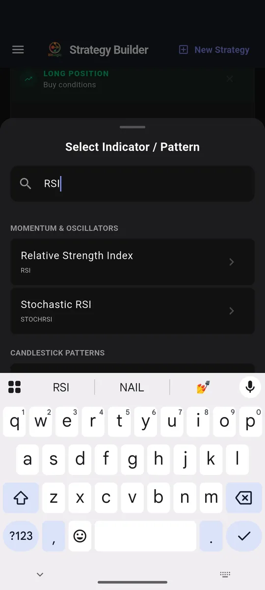 Indicator picker with a search for RSI showing Relative Strength Index and Stochastic RSI