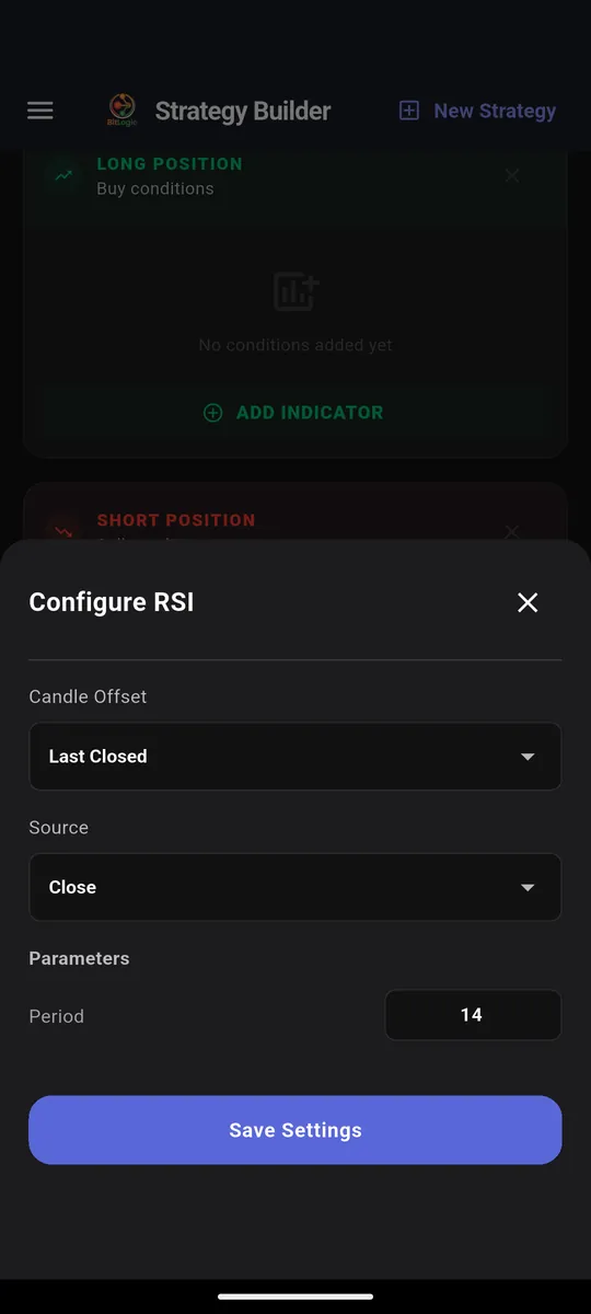 RSI configuration sheet showing candle offset, source and period settings