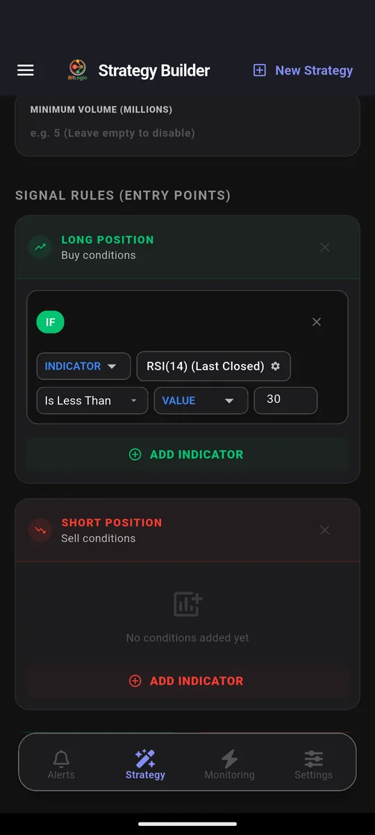 Completed rule reading IF INDICATOR RSI(14) Last Closed Is Less Than 30