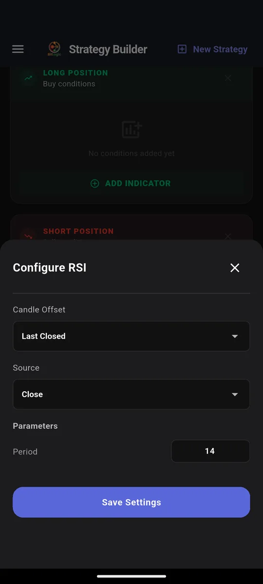 Indicator configuration sheet with candle offset, source and period settings