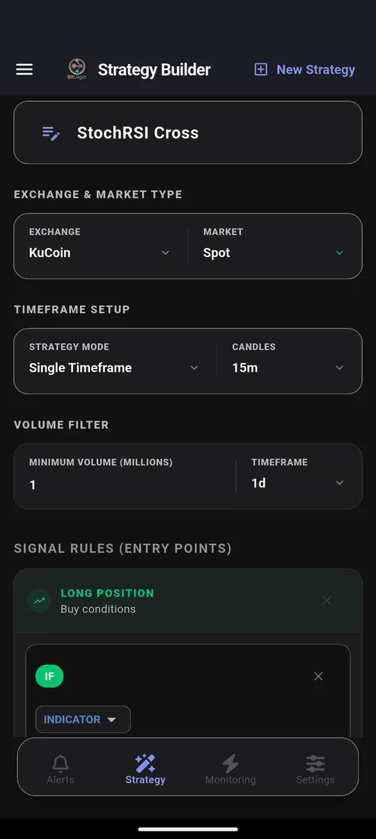 BitLogic Strategy Builder with KuCoin Spot selected and a 1 million minimum daily volume filter