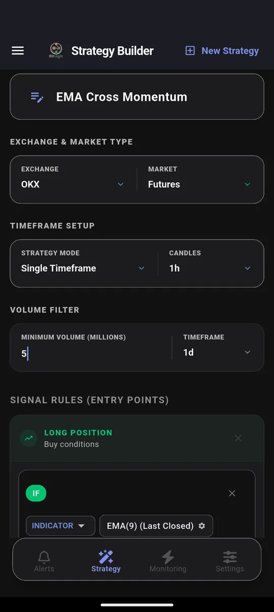 BitLogic Strategy Builder with OKX Futures selected and a 5 million minimum daily volume filter